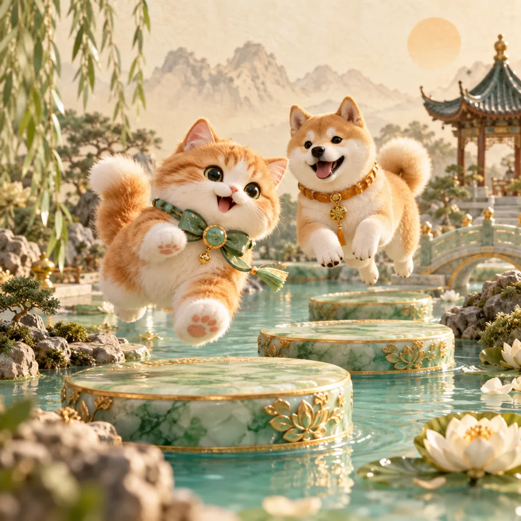 踏波行的猫狗角色与水上跳台