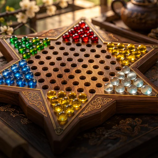 木质六角跳棋盘上的彩色玻璃棋子